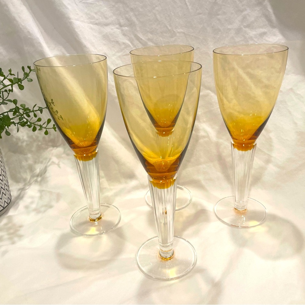 Set (4) Vintage Sasaki Amber Wine Glass Champagne Flutes. EUC